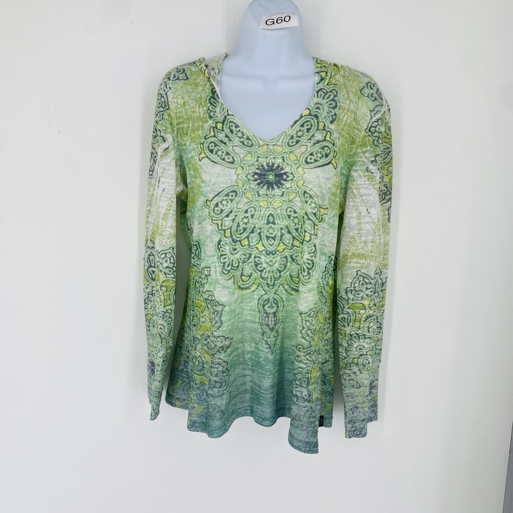 Vintage Y2K prAna Green Hooded Top Mandala Dip Dye USA Made Long Sleeve Granola